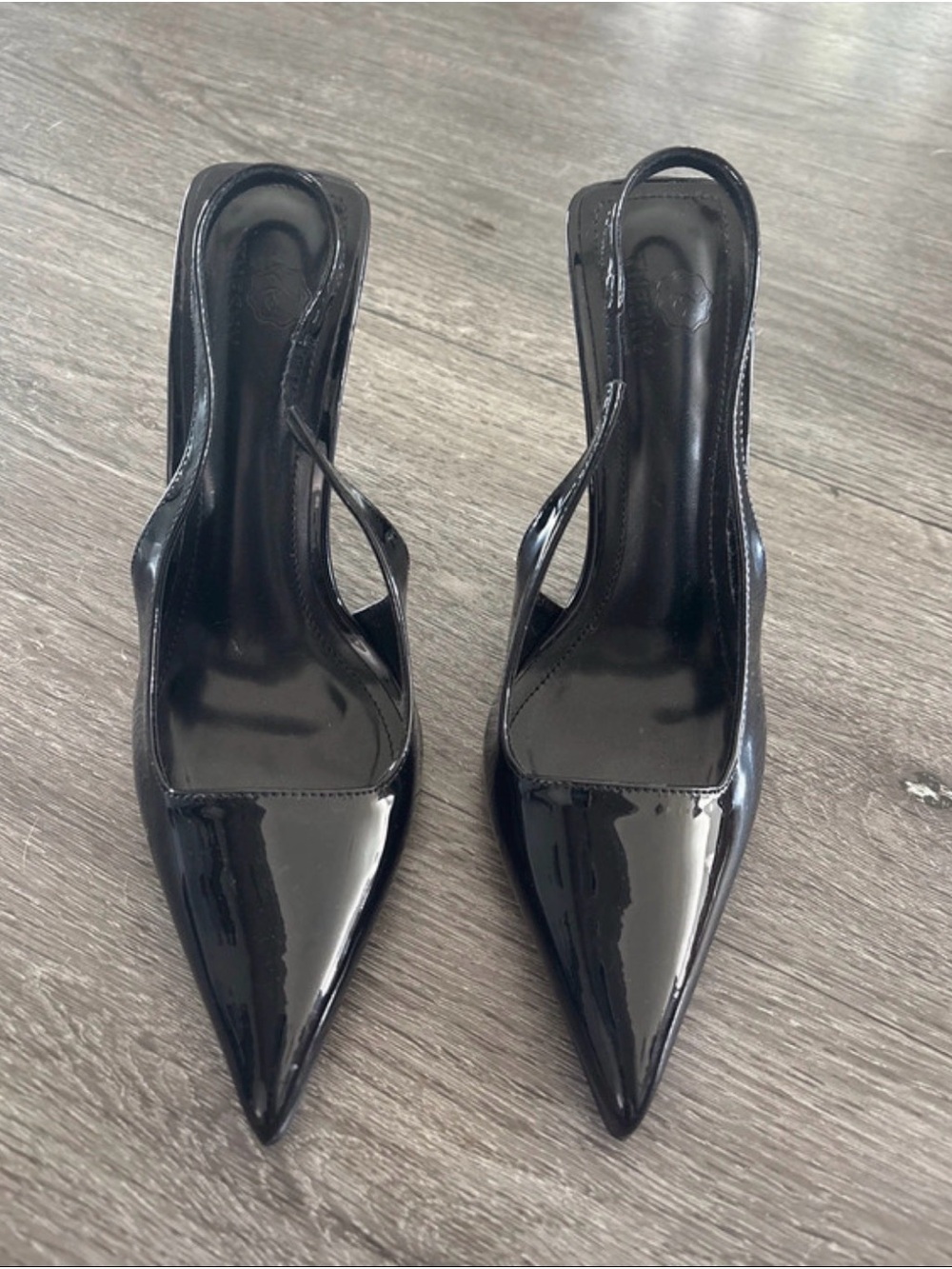 Black Patent Pointed-Toe Slingback Heels